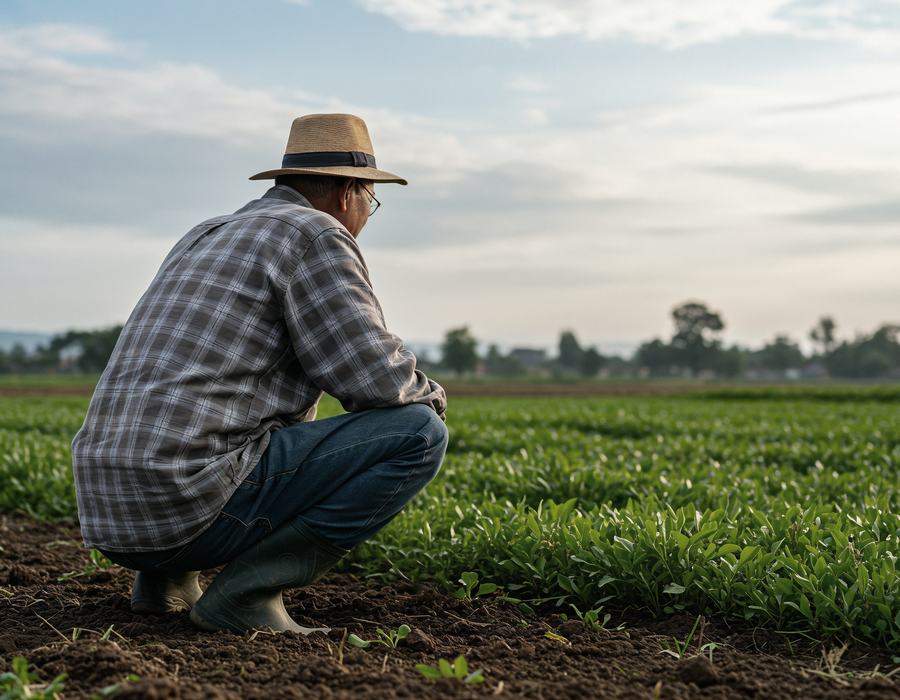 Produtor rural inspecionando de perto a lavoura da propriedade