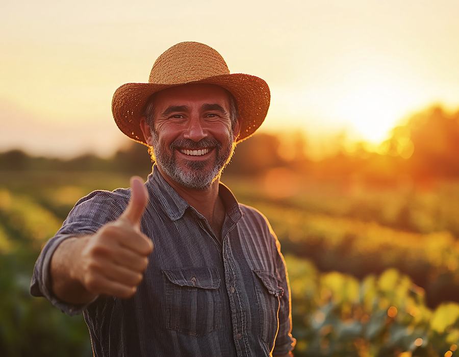 Produtor rural satisfeito em sua propriedade ao entardecer