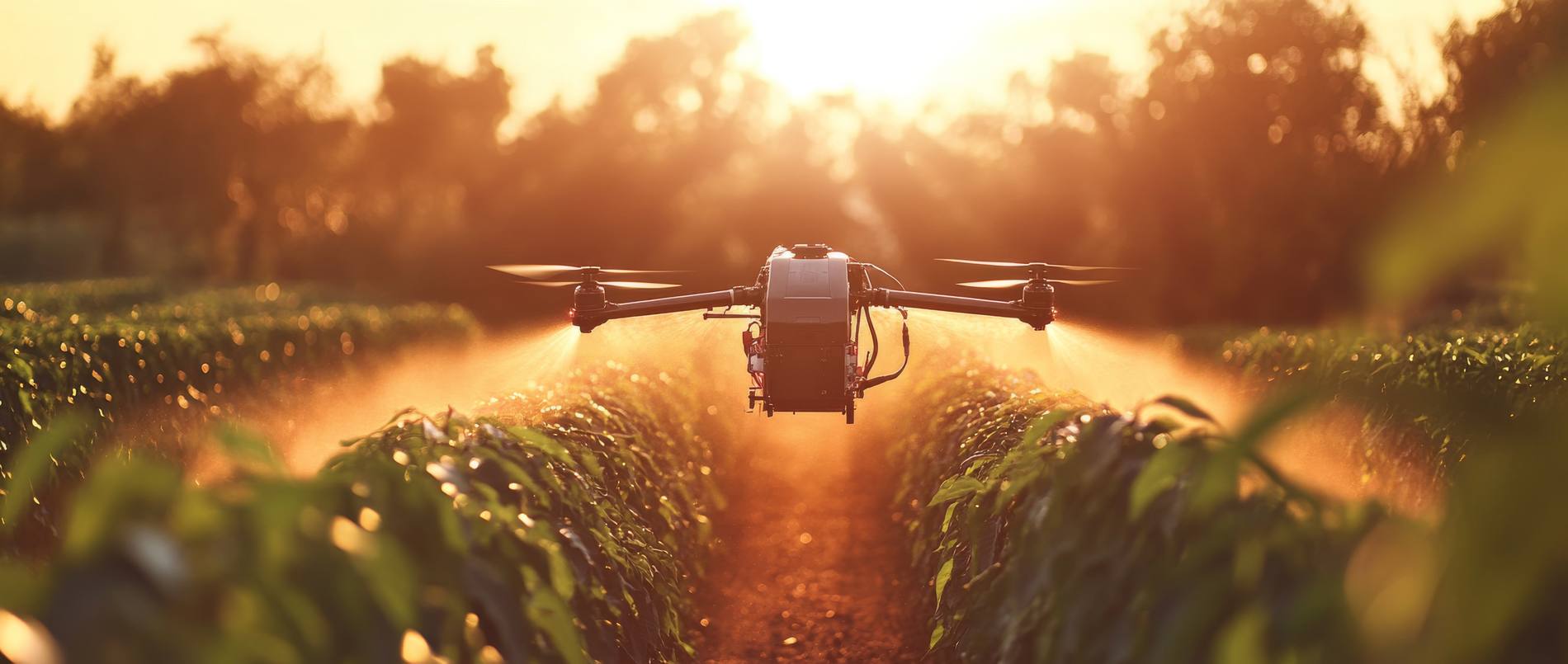 Drone agrícola pulverizando uma lavoura ao entardecer