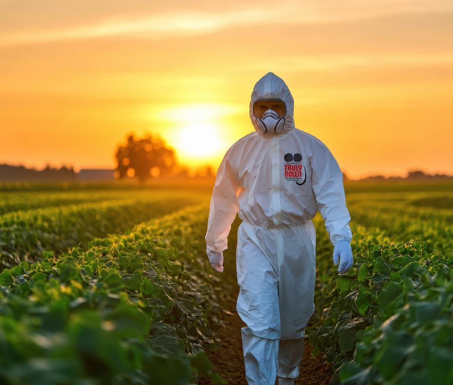 Técnico uniformizado da Truly Nolen em propriedade rural