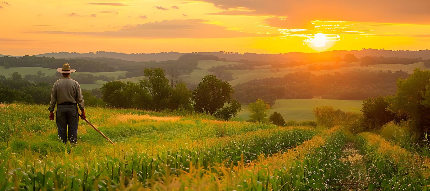 Produtor rural observando a propriedade ao pôr do sol