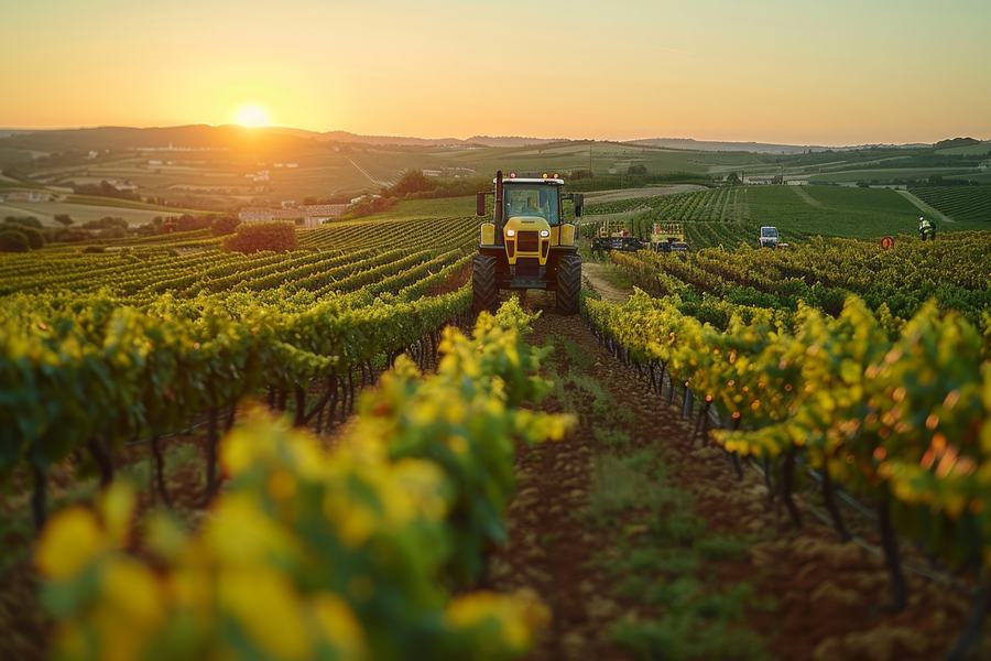 Trator em operação na propriedade rural ao entardecer